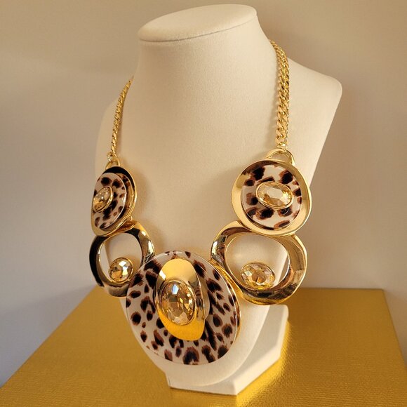 Leopard Print Statement Crystal Necklace. Gold Tone. Sparkling Accents. Natasha. - Picture 1 of 14